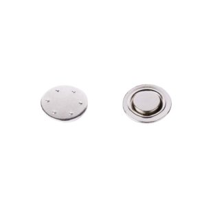 Silver round magnetic name badge with strong magnets, a clothing-safe alternative to pin badges, available for wholesale bulk orders by Richarms.