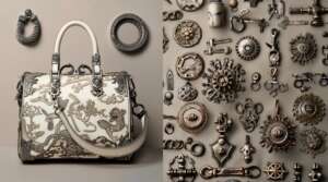 Split image of an elegant handbag with modern hardware and traditional Chinese bag hardware elements, showcasing diverse bag design styles.