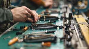 Factory assembly line with workers assembling zippers, buckles, and rivets, emphasizing the intricate manufacturing process of bag hardware.