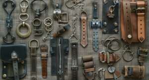 Artistic arrangement of various bag hardware components – zippers, buckles, rivets, snaps, and D-rings – displayed on textured fabric, showcasing their intricate details.