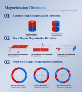 Diagram showing magnetization directions for round, square, and multi-pole magnets, including axial, radial, and side magnetization methods."