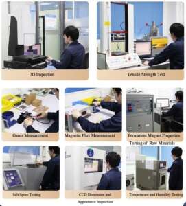 Magnet production testing process showing various tests like tensile strength, Gauss measurement, and salt spray testing to ensure quality and performance.