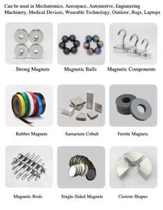 Various magnetic products including strong magnets, magnetic balls, magnetic components, rubber magnets, samarium-cobalt magnets, ferrite magnets, magnetic rods, and single-sided magnets, with customization options for different applications.