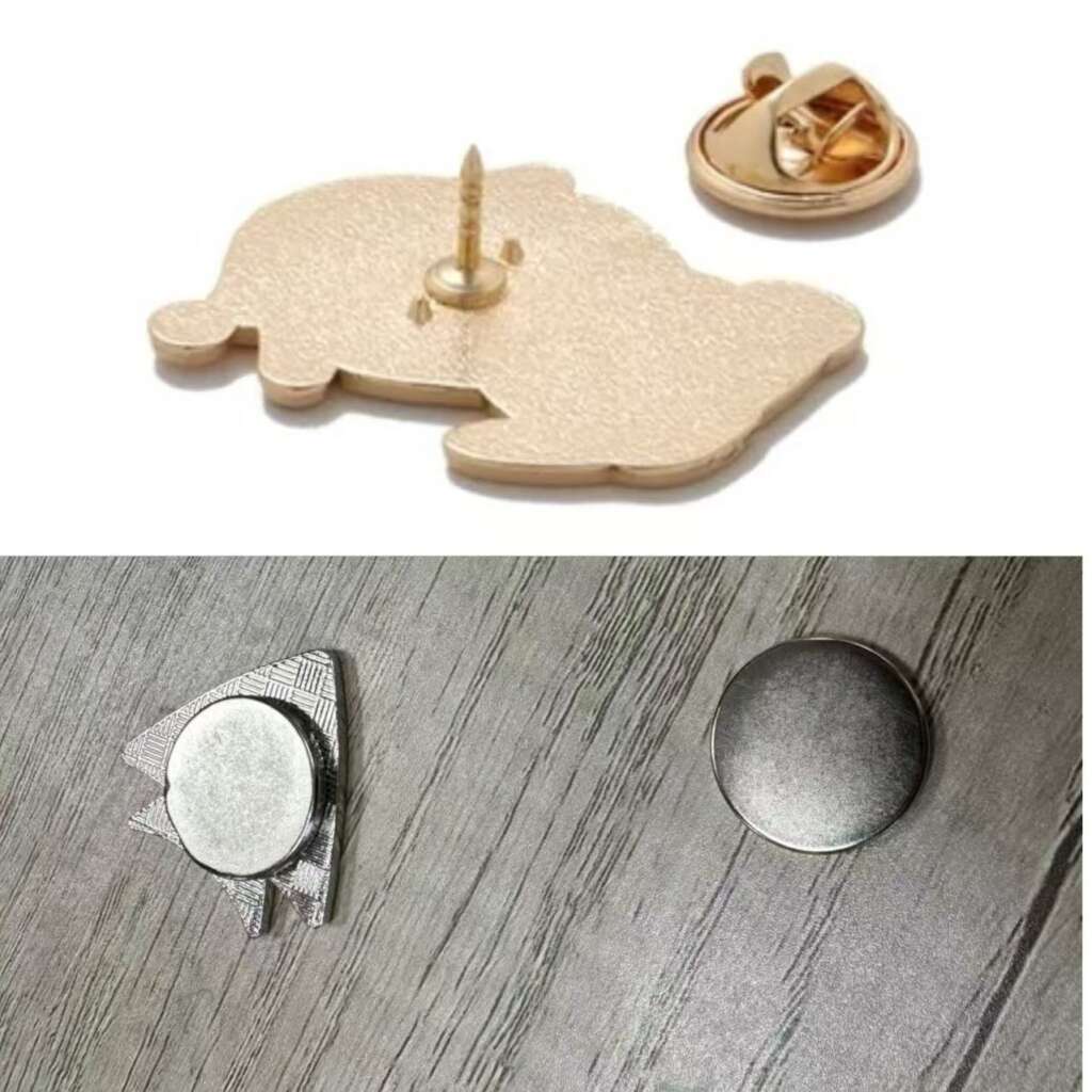 Comparison between magnetic pin back and traditional pin post clasp for enamel pins