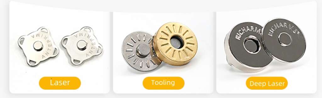 Laser engraving, custom tooling and deep laser logo options on magnetic snap buttons