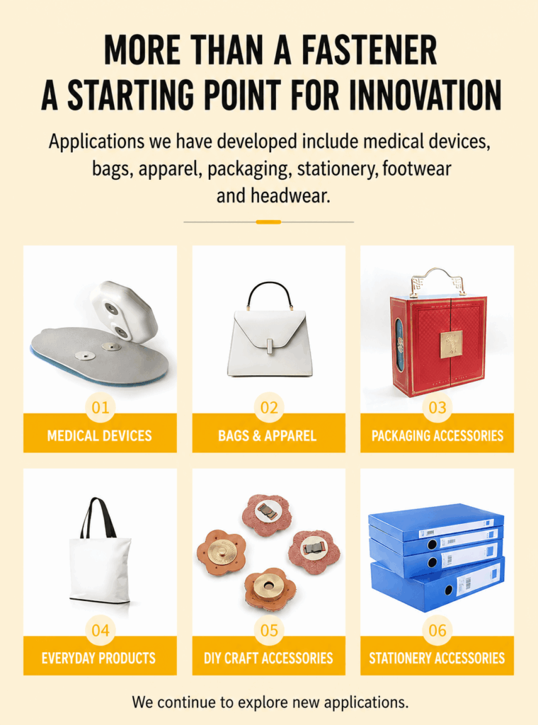 Magnetic snap applications in medical devices, bags, packaging, DIY crafts and stationery