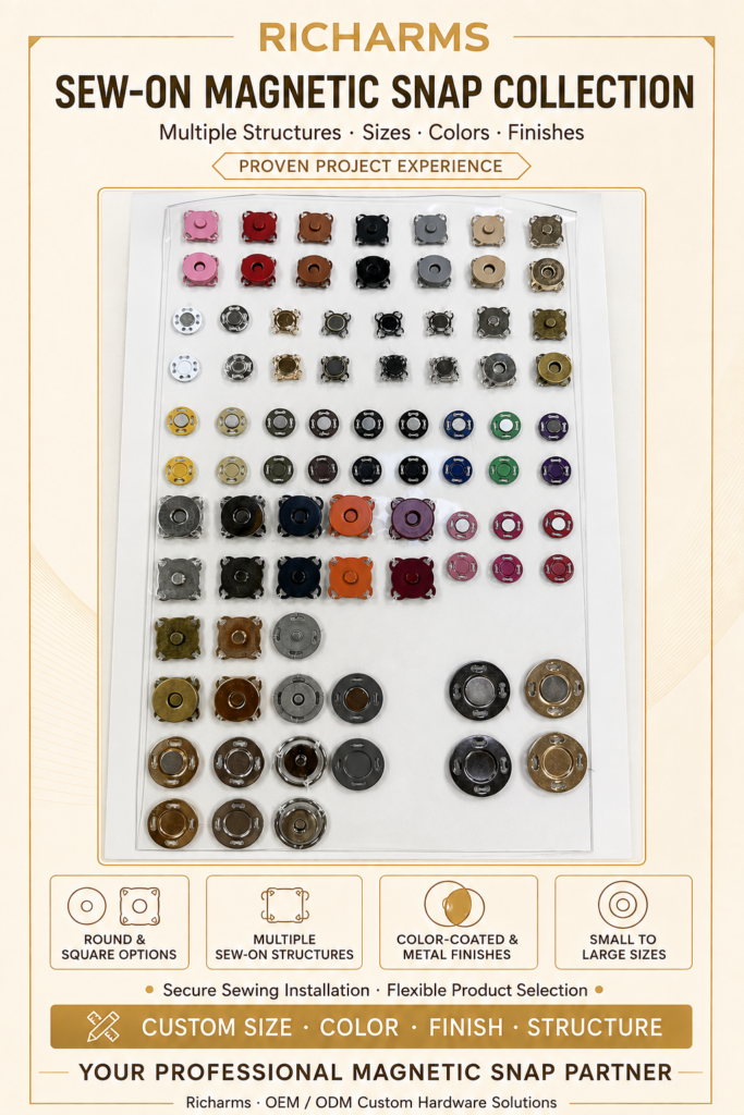 Finish color options for sew-on magnetic snaps including gold, nickel, gunmetal and antique brass
