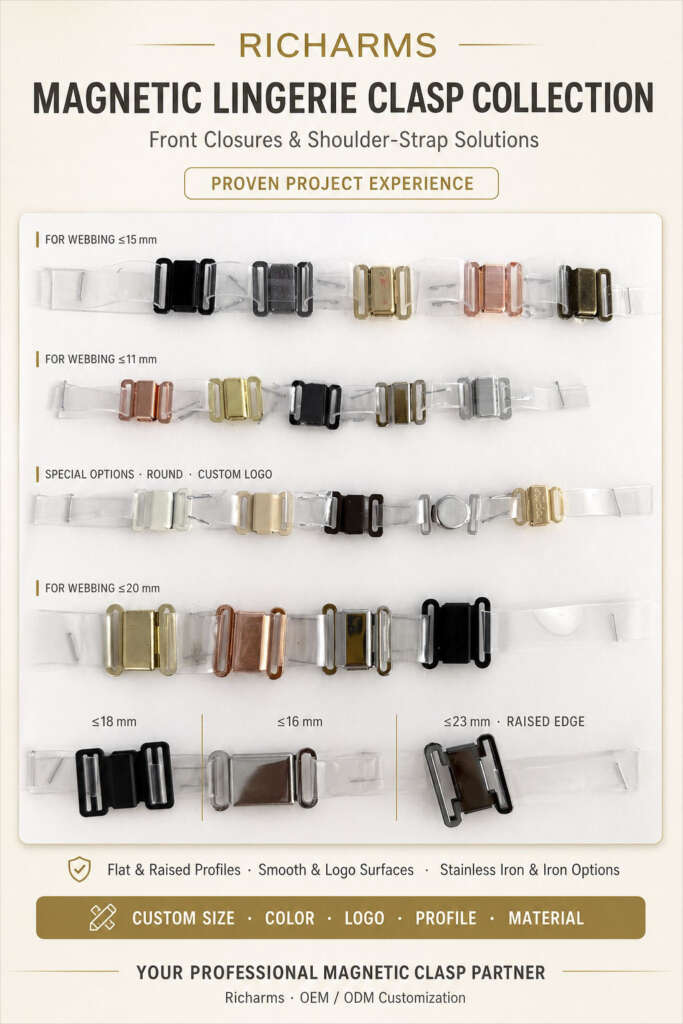 Magnetic bra closure styles and application examples for lingerie, sports bras and adaptive garments