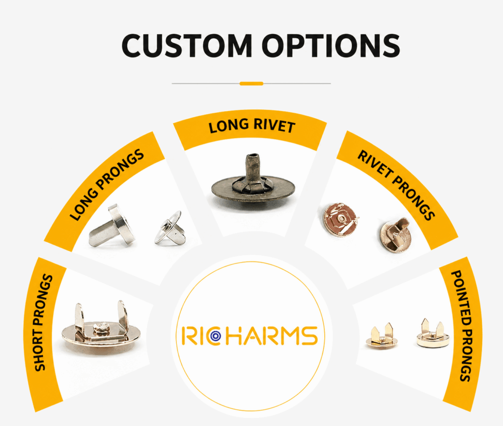 Custom long prong, short prong, pointed prong and rivet options for magnetic snaps