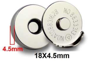 Close-up of 18mm Half Cover Magnetic Snaps by Richarms, silver color, with a 4.5mm thick female part and male top with 1/4 lip, offering a strong magnetic closure.