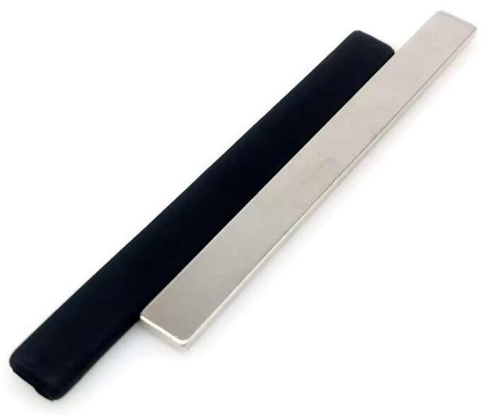 Bar NdFeB Magnet in raw form and with a plastic cover, demonstrating durability and protection for industrial use.