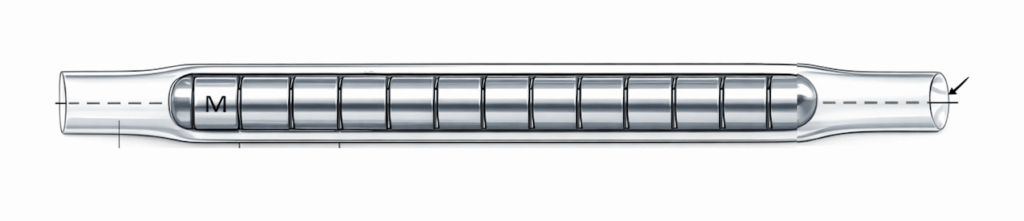 Magnetic zipper closure cross-section with two magnets then silicone spacer (MM–S repeat) inside a flexible tube.