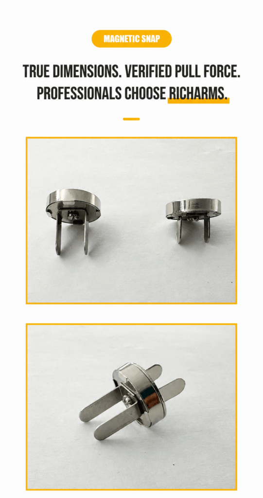 Long prong magnetic snap for thick leather, canvas and multilayer materials