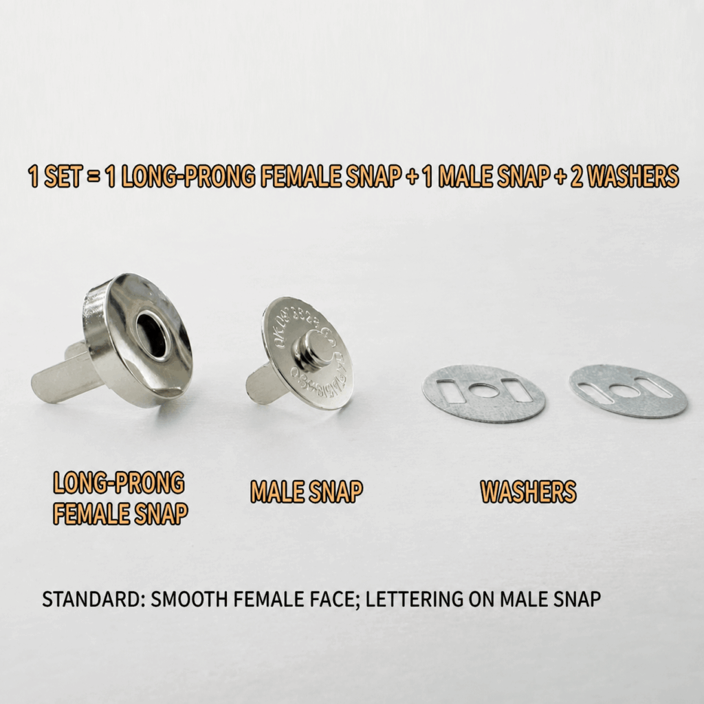 Long prong magnetic snap set with female snap, male snap and two washers