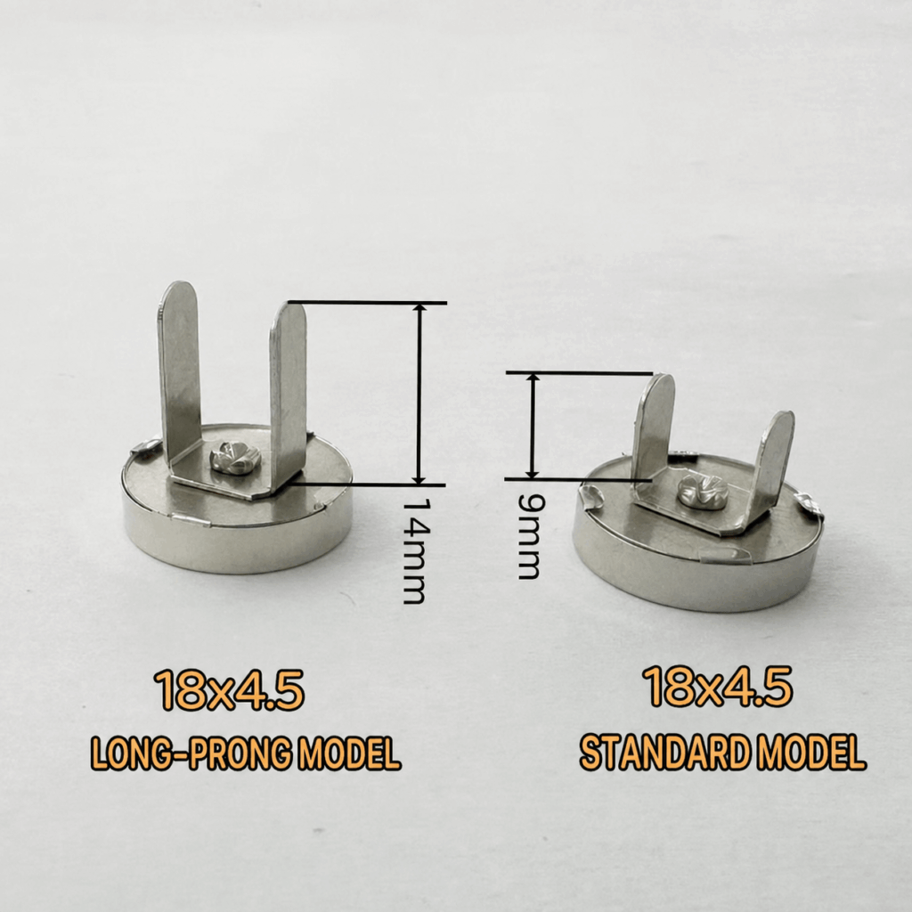 14mm long prong compared with 9mm standard magnetic snap prongs