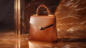 A luxurious leather handbag adorned with gleaming custom shiny metal hardware; a prominent logo clasp reflecting light, showcasing craftsmanship and brand identity.