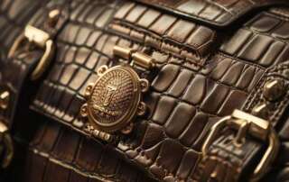 A close-up of luxurious leather goods adorned with custom shiny metal logo hardware, featuring intricate designs and reflections, showcasing craftsmanship and brand identity.