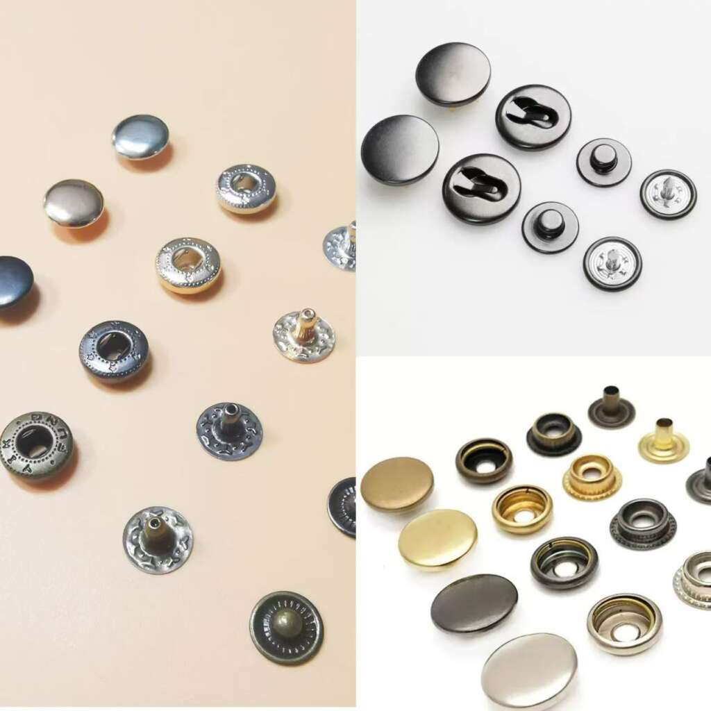 Various styles of spring snaps displayed in sets, showing caps, sockets, studs, and posts in multiple finishes like black, silver, and brass.