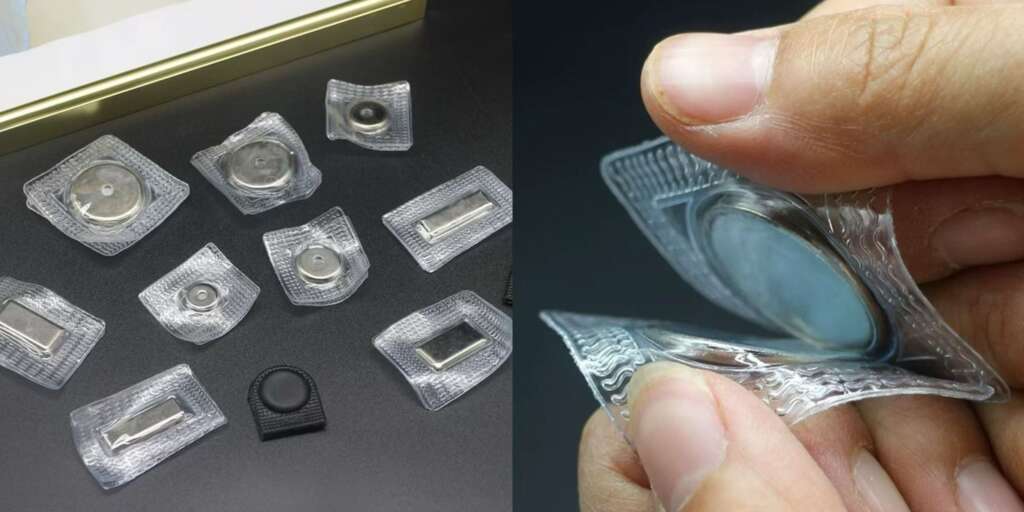 Close-up of flexible PVC sew-in magnetic closures for invisible fastening in bags and packaging