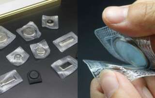 Close-up of flexible PVC sew-in magnetic closures for invisible fastening in bags and packaging