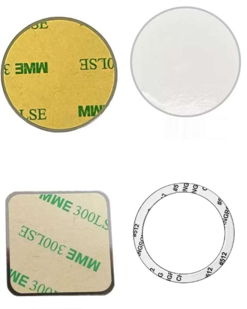 Various adhesive options for magnetic metal plates, including 3M 300LSE, Crown 512, and foam tape