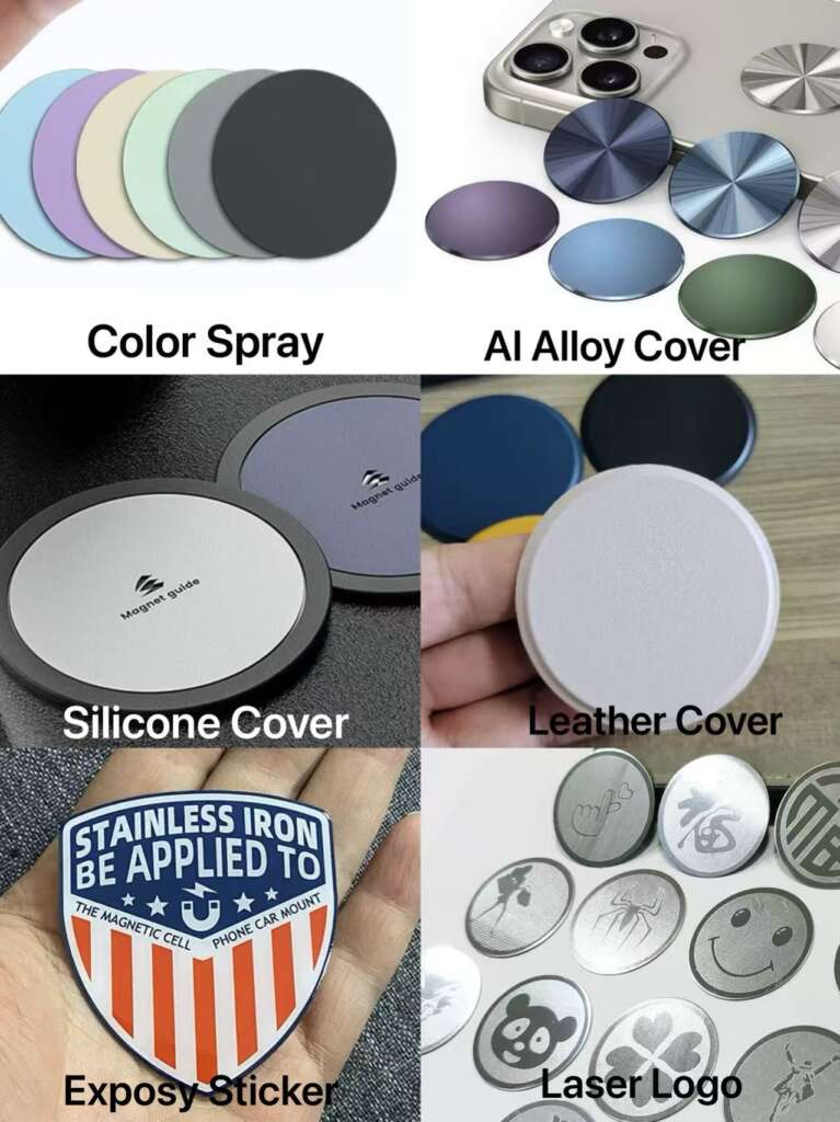 Various surface finish options for magnetic metal plates including color spray, aluminum alloy cover, silicone, leather, epoxy sticker, and laser logo