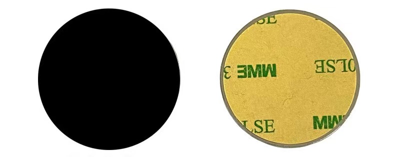 Black round magnetic adhesive metal plate with 3M sticker backing and matte or rubber surface finish, available in 30–60mm