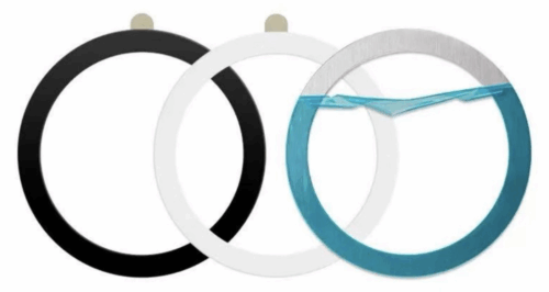 Three universal magnetic ring plates in black, white, and silver with adhesive backing and protective blue film, suitable for phone and mount applications.
