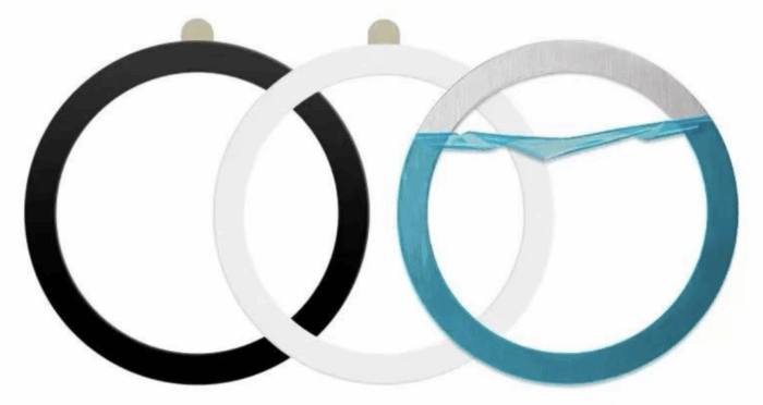 Three universal magnetic ring plates in black, white, and silver with adhesive backing and protective blue film, suitable for phone and mount applications.
