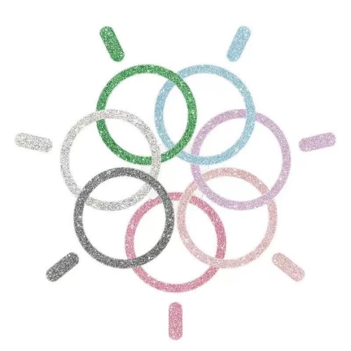 Colorful Universal Magnetic Metal Ring Plate arranged in a circle, each featuring a glitter surface finish in various vibrant shades.