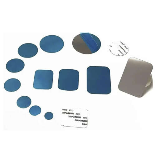A variety of adhesive magnetic metal plates in round and square shapes, used for phone mounting and industrial applications