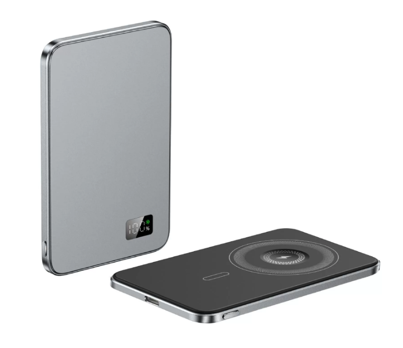 Two sleek wireless charging pads: a vertical standing pad with a small status display and a flat pad with a circular coil for charging a phone