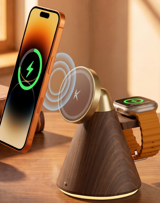 E-commerce display of 2-in-1 wooden magnetic wireless charging stand for phone & watch