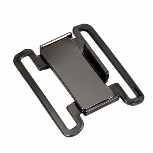 Angled view black metal front‑release side buckle for webbing hardware