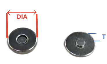 Conductive Magnetic Snap No Prong dimension drawing, diameter DIA and thickness T measurement