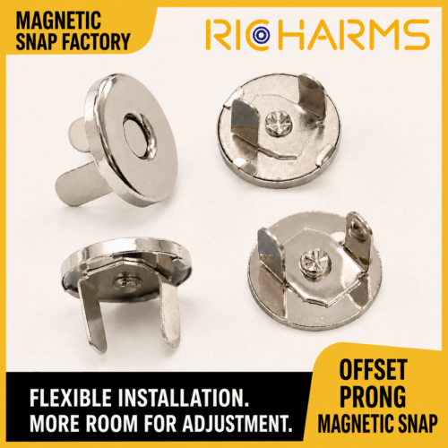 Four views of a nickel offset prong magnetic snap manufactured by Richarms