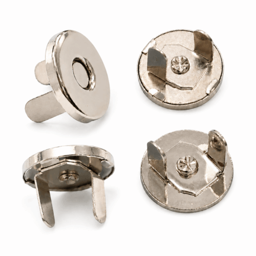 Four views of nickel finish offset prong magnetic snaps