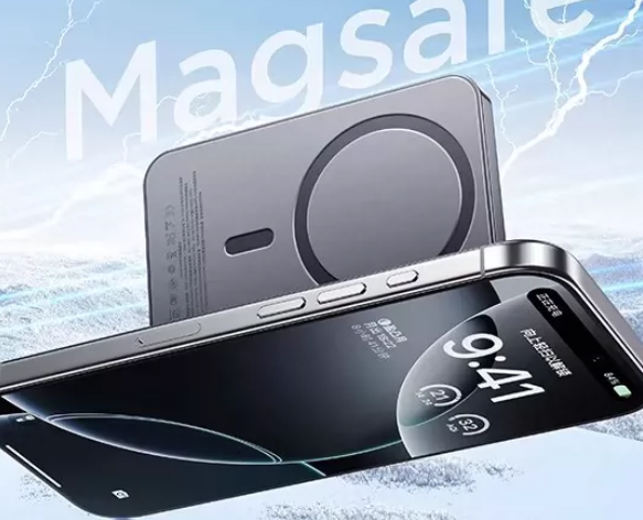 iPhone magnetically attached to a MagSafe wireless charging pad, shown at an angle against a blue background.