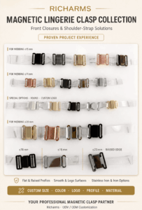 Richarms magnetic bra closure clip collection in multiple sizes, colors and finishes for front-close bras and shoulder straps
