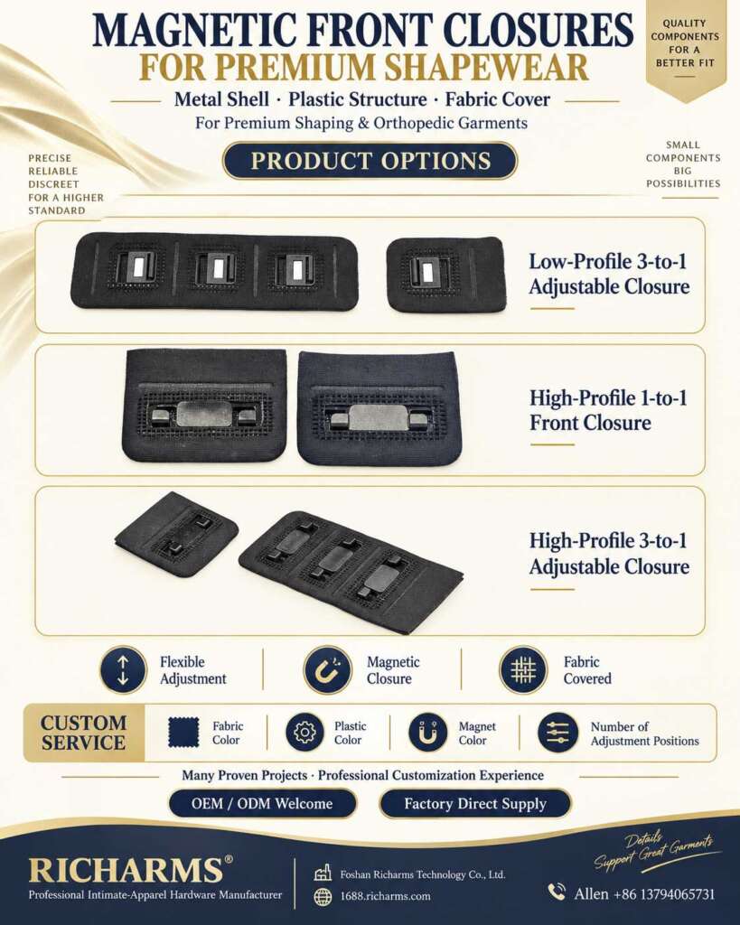 Fabric-encased magnetic front clasps for orthopedic shapewear in low-profile 3-to-1, high-profile 1-to-1 and high-profile 3-to-1 adjustable designs
