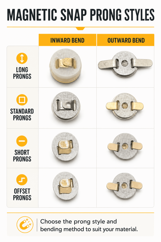 Long, standard, short and offset magnetic snap prongs shown with inward and outward bending methods