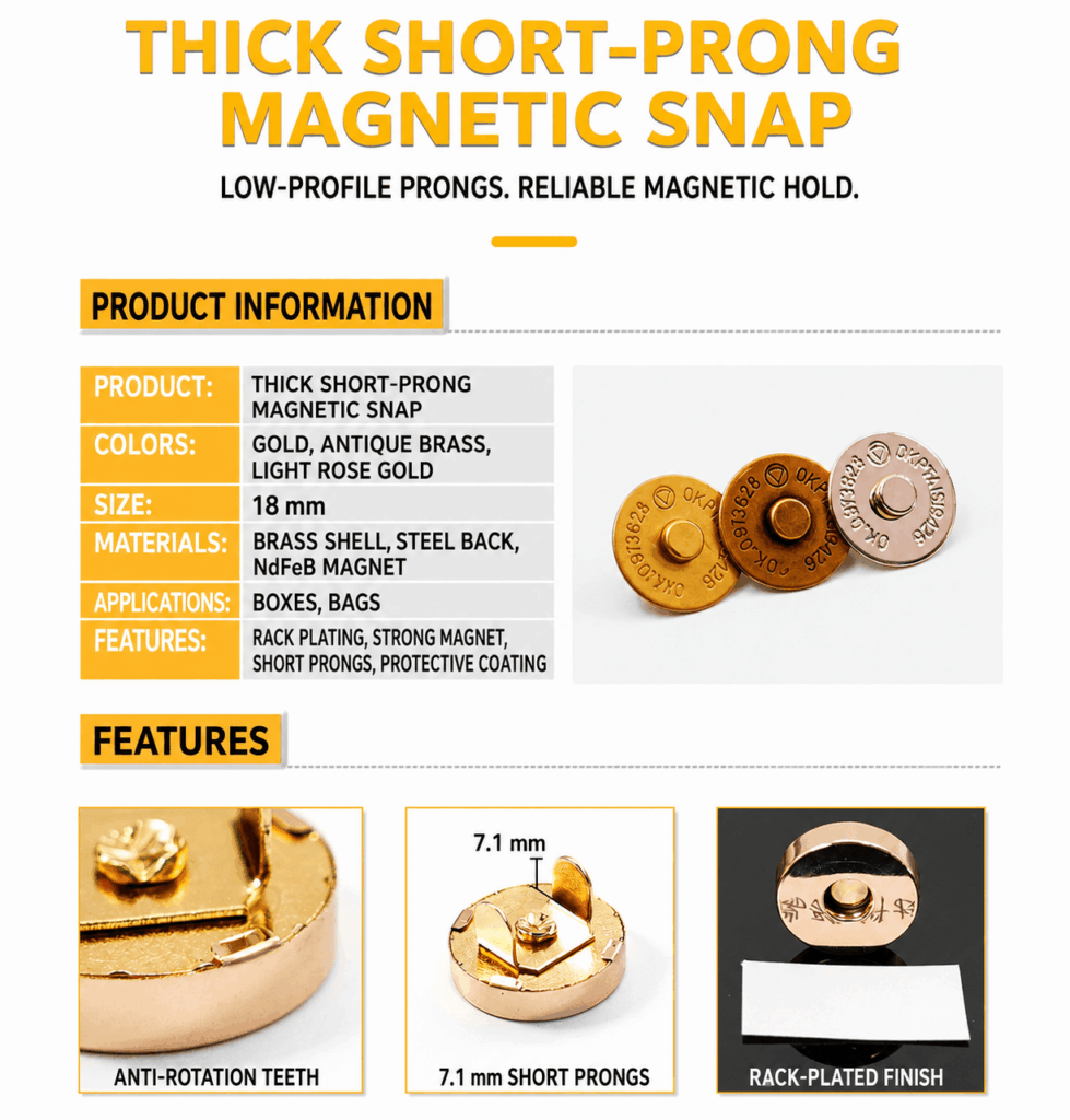 18mm thick short prong magnetic snap with 7.1mm prongs and rack-plated finish