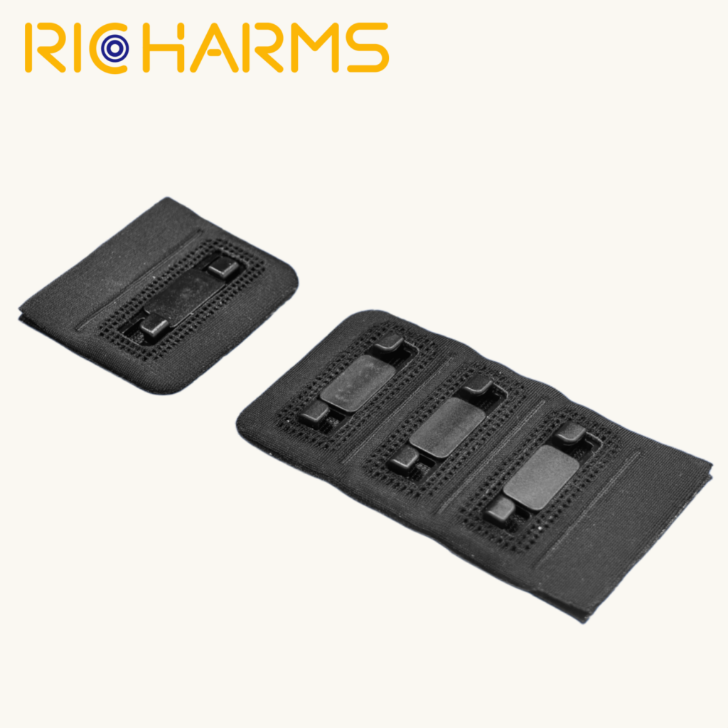 Fabric‑Encased Magnetic Front Clasp, single‑unit & triple‑adjustable black fabric‑wrapped magnetic clasp for intimate apparel