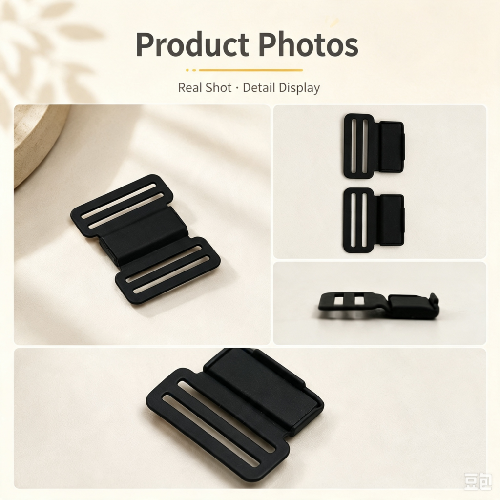 Richarms Plastic Side‑Release Sew‑on Buckle product photos collage, real shot detail display of black sew‑in quick release buckle