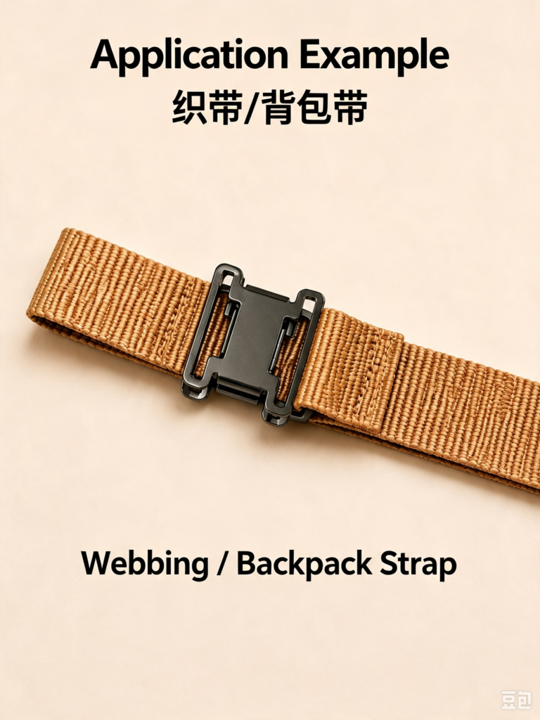 Metal front‑release side buckle installed on webbing strap, backpack hardware application example