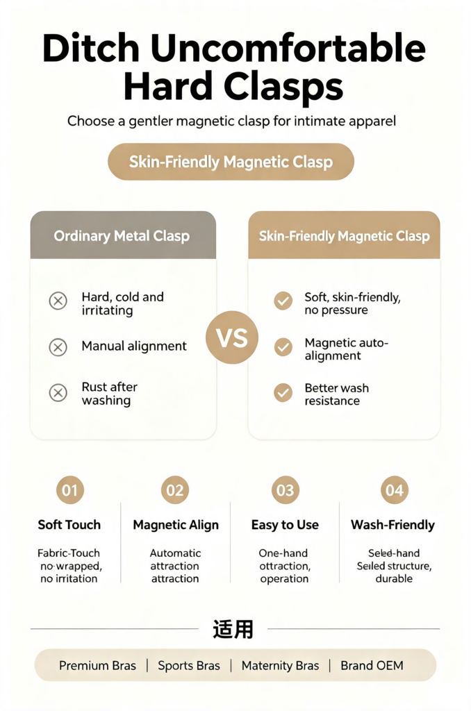 Fabric Magnetic Buckle vs ordinary metal clasp comparison chart, skin‑friendly washable magnetic snap for intimate apparel
