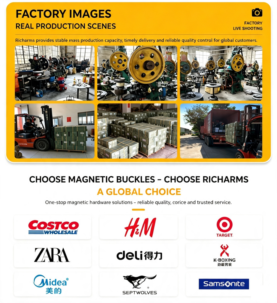 RICHARMS factory production collage, workshop equipment, loading & well‑known brand partner logos
