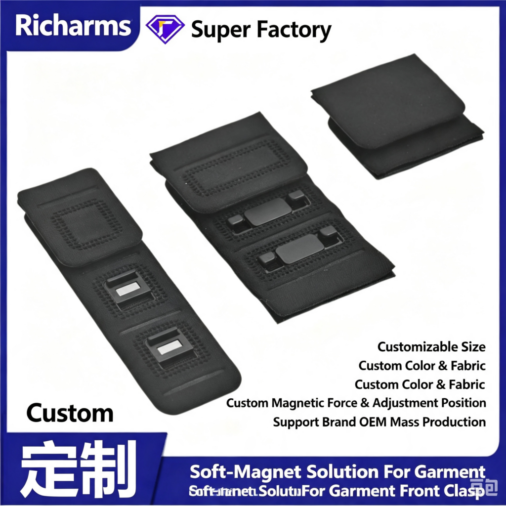 Richarms custom fabric‑encased magnetic front clasp, soft‑magnet garment fastener OEM solution