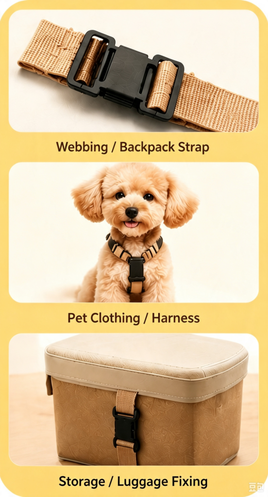 Richarms Plastic Side‑Release Sew‑on Buckle application collage, usage for pet harness, backpack webbing and storage bags