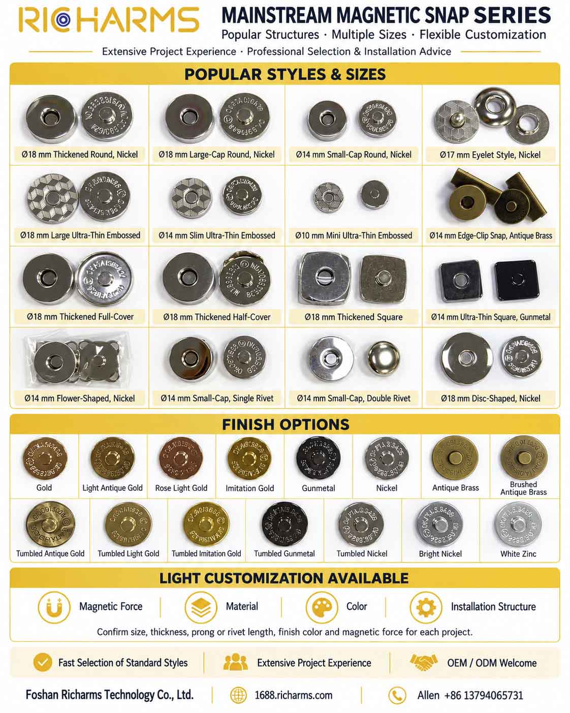Magnetic snap fasteners in multiple round, square, rivet, prong and edge-clip styles and sizes
